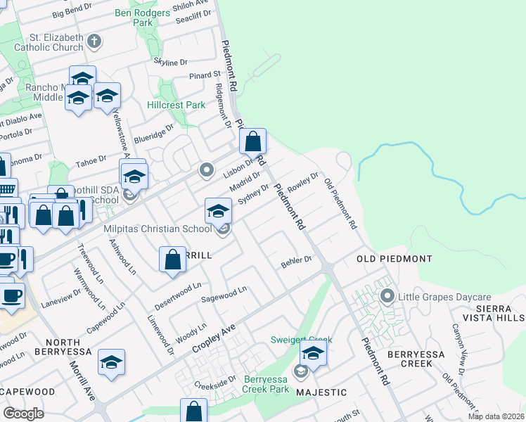 map of restaurants, bars, coffee shops, grocery stores, and more near 3584 Rowley Drive in San Jose