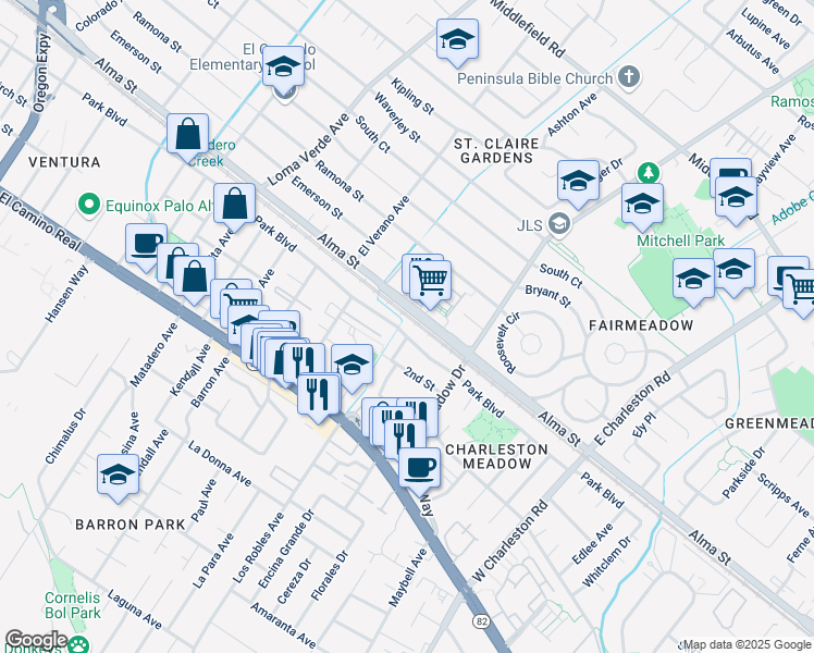 map of restaurants, bars, coffee shops, grocery stores, and more near 4029 Park Boulevard in Palo Alto