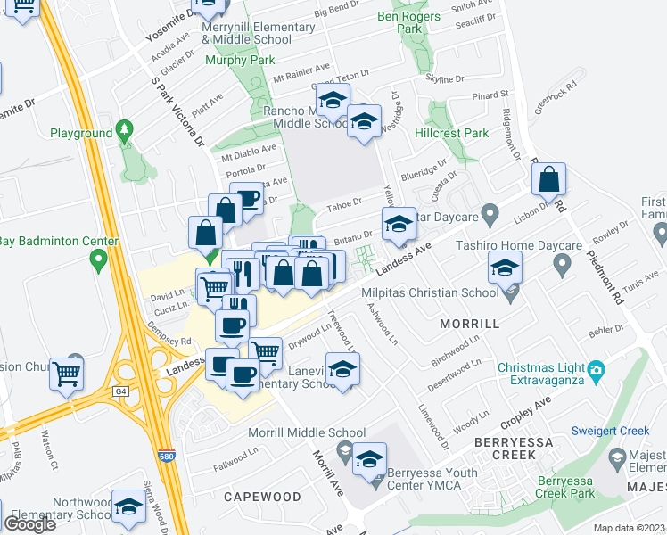 map of restaurants, bars, coffee shops, grocery stores, and more near 1361 Highland Court in Milpitas