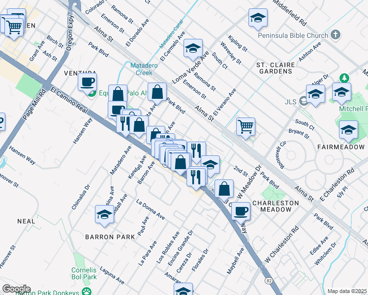 map of restaurants, bars, coffee shops, grocery stores, and more near 327 Curtner Avenue in Palo Alto