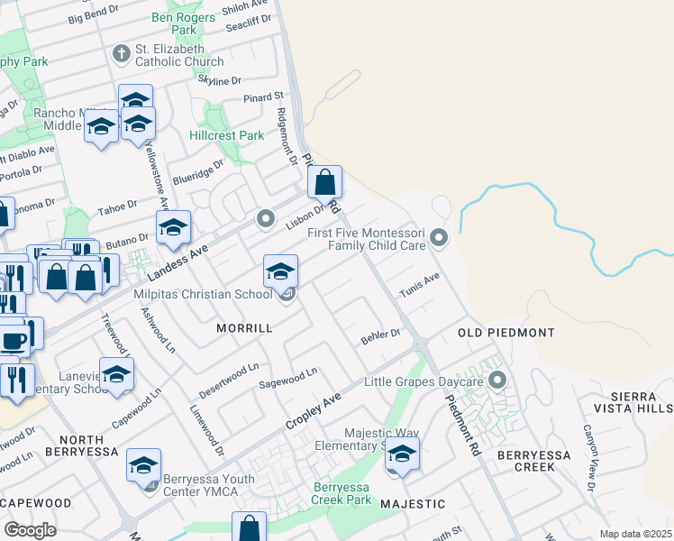 map of restaurants, bars, coffee shops, grocery stores, and more near 3584 Rowley Drive in San Jose