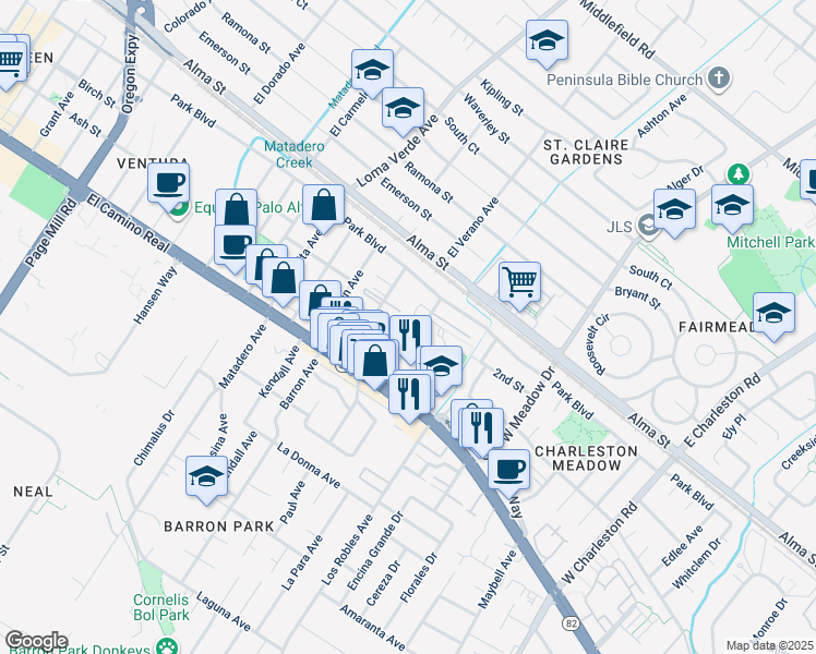 map of restaurants, bars, coffee shops, grocery stores, and more near 242 Ventura Avenue in Palo Alto