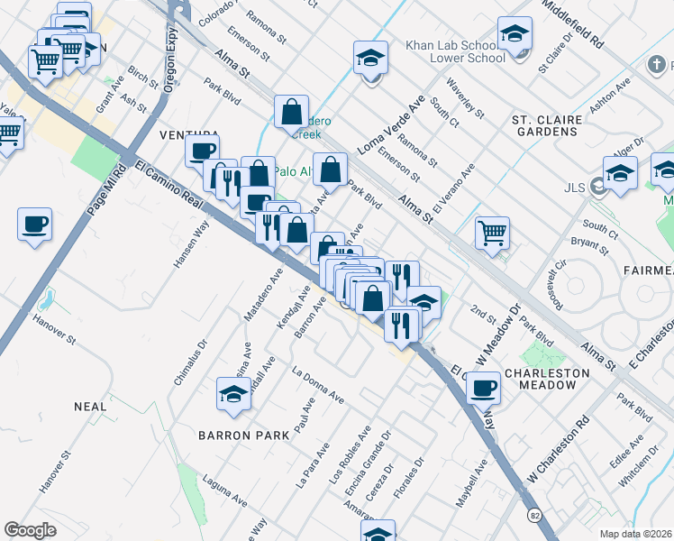 map of restaurants, bars, coffee shops, grocery stores, and more near 443 Wilton Avenue in Palo Alto
