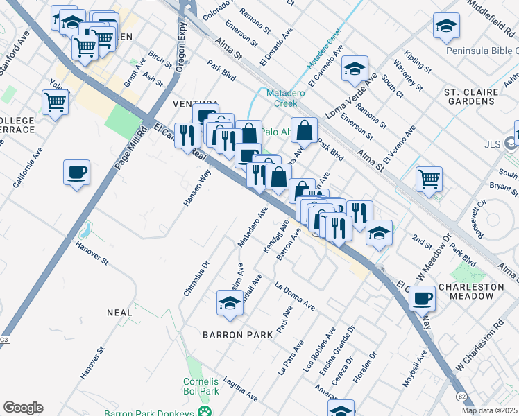 map of restaurants, bars, coffee shops, grocery stores, and more near in Palo Alto