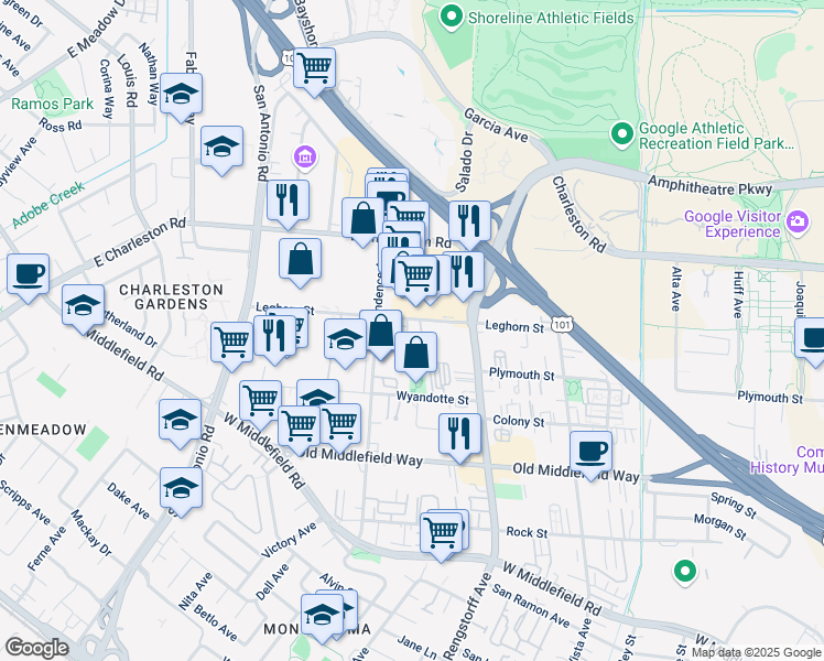 map of restaurants, bars, coffee shops, grocery stores, and more near 2301 Leghorn Street in Mountain View