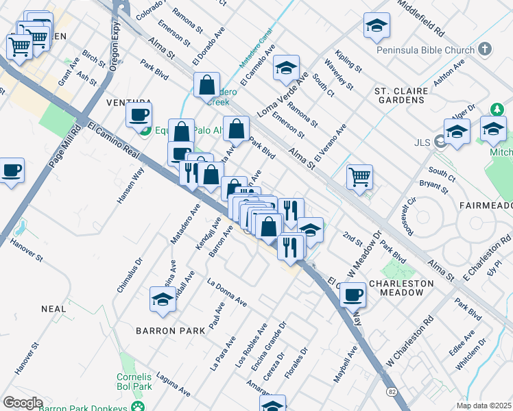 map of restaurants, bars, coffee shops, grocery stores, and more near 382 Curtner Avenue in Palo Alto