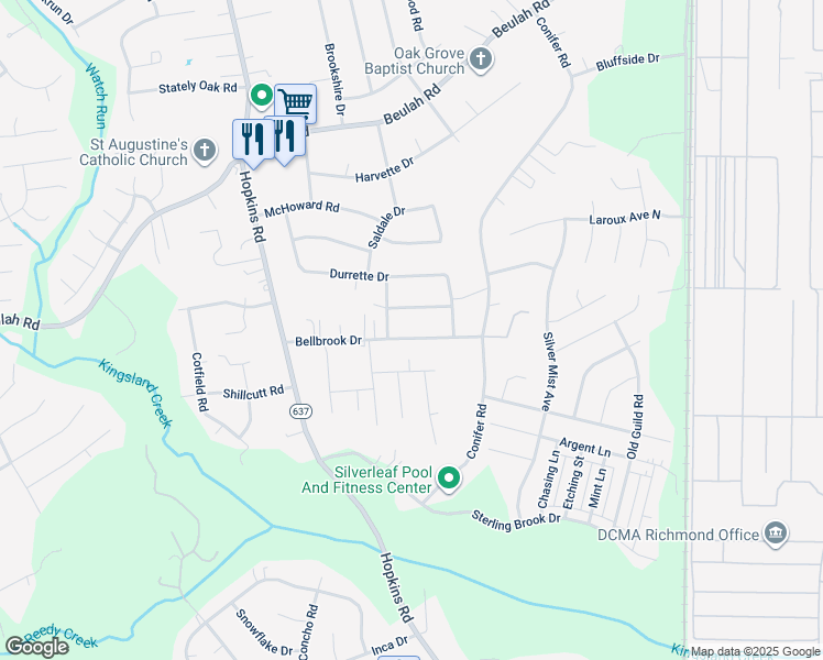 map of restaurants, bars, coffee shops, grocery stores, and more near 4034 Bellbrook Drive in Richmond