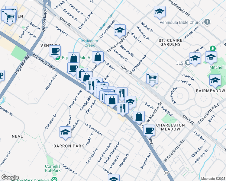 map of restaurants, bars, coffee shops, grocery stores, and more near 331 Curtner Avenue in Palo Alto