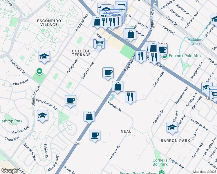 map of restaurants, bars, coffee shops, grocery stores, and more near 1050-1116 Page Mill Road in Palo Alto