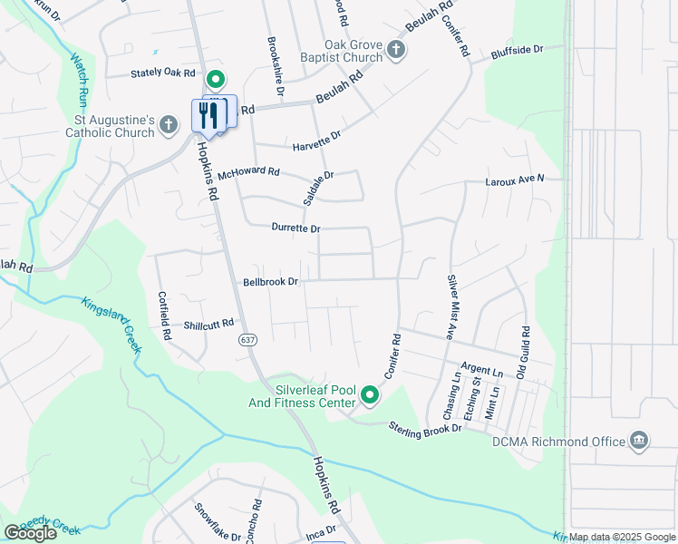 map of restaurants, bars, coffee shops, grocery stores, and more near 4034 Bellbrook Drive in Richmond
