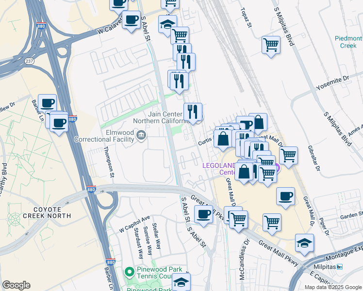 map of restaurants, bars, coffee shops, grocery stores, and more near 800 South Abel Street in Milpitas