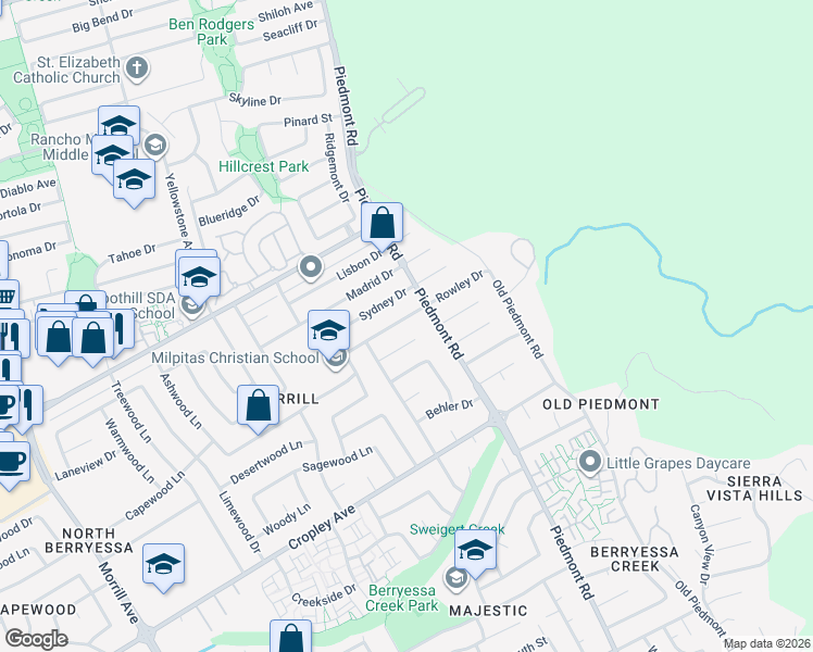 map of restaurants, bars, coffee shops, grocery stores, and more near 3584 Rowley Drive in San Jose
