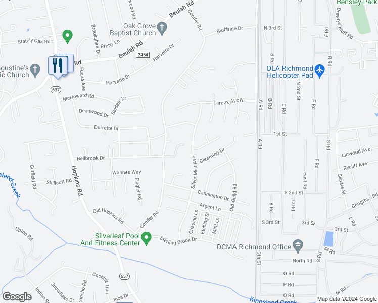 map of restaurants, bars, coffee shops, grocery stores, and more near 7400 Silver Mist Avenue in Richmond