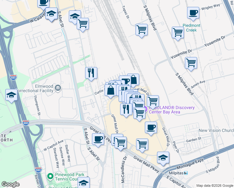 map of restaurants, bars, coffee shops, grocery stores, and more near 880 Contemplation Place in Milpitas