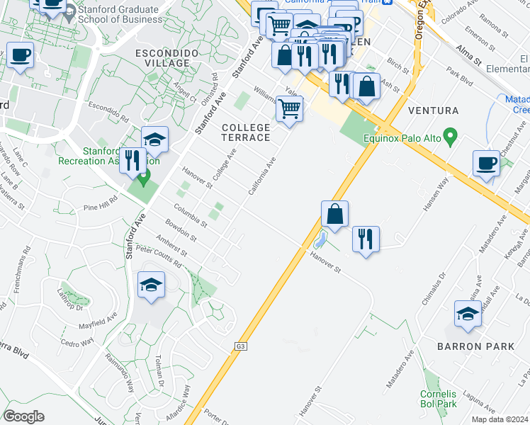 map of restaurants, bars, coffee shops, grocery stores, and more near 2475 Hanover Street in Palo Alto
