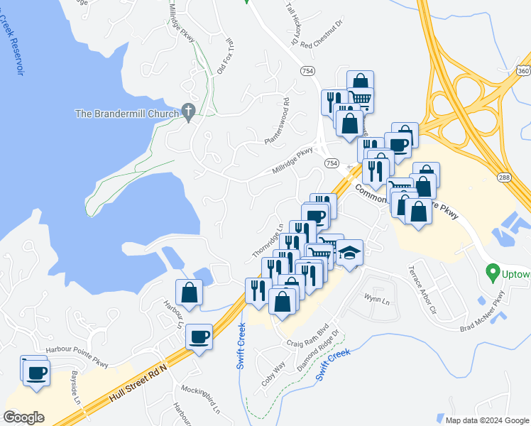 map of restaurants, bars, coffee shops, grocery stores, and more near 13302 Thornridge Court in Midlothian