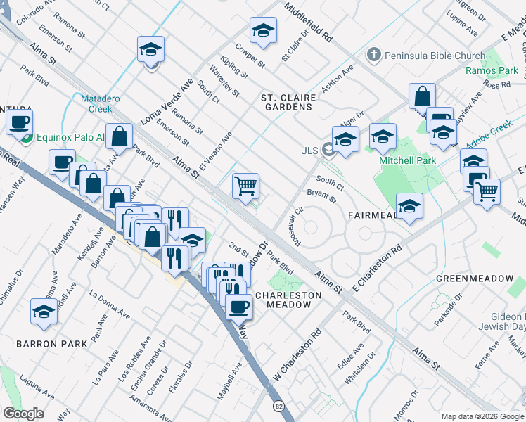 map of restaurants, bars, coffee shops, grocery stores, and more near 3506 Emerson Street in Palo Alto