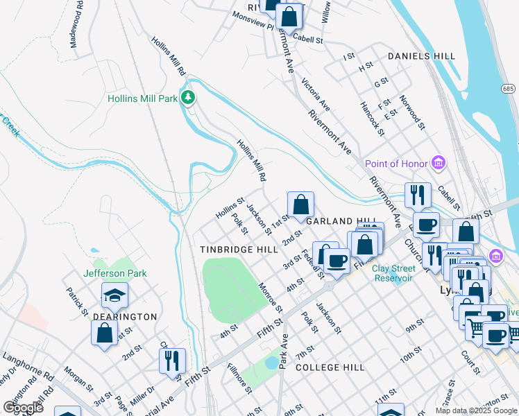map of restaurants, bars, coffee shops, grocery stores, and more near 815 Garland St in Lynchburg