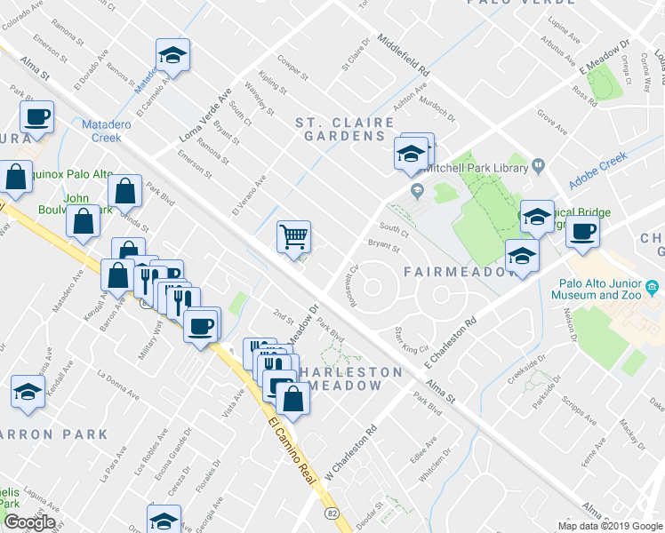 map of restaurants, bars, coffee shops, grocery stores, and more near 3541 Emerson Street in Palo Alto