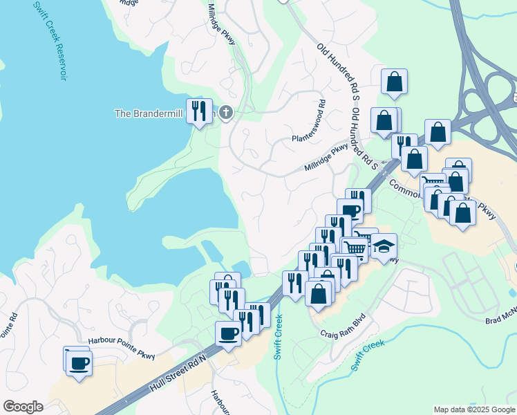 map of restaurants, bars, coffee shops, grocery stores, and more near 5010 Long Shadow Court in Midlothian