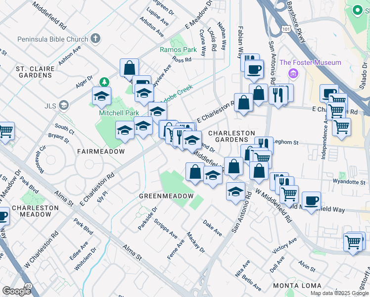 map of restaurants, bars, coffee shops, grocery stores, and more near 3958 Middlefield Road in Palo Alto