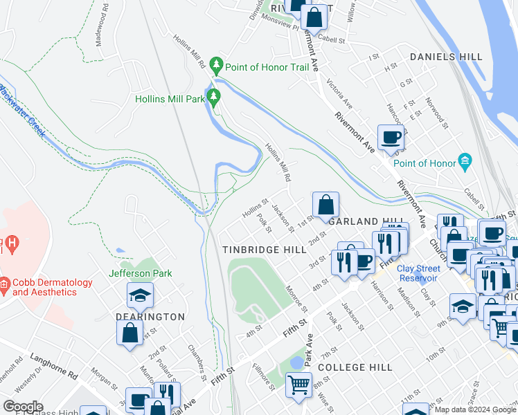 map of restaurants, bars, coffee shops, grocery stores, and more near 50 Polk Street in Lynchburg