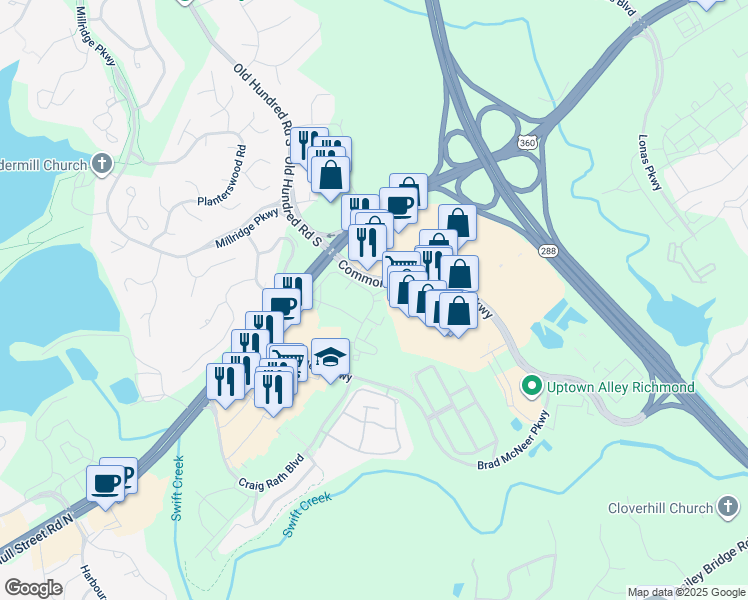 map of restaurants, bars, coffee shops, grocery stores, and more near 5308 Hunt Master Drive in Midlothian