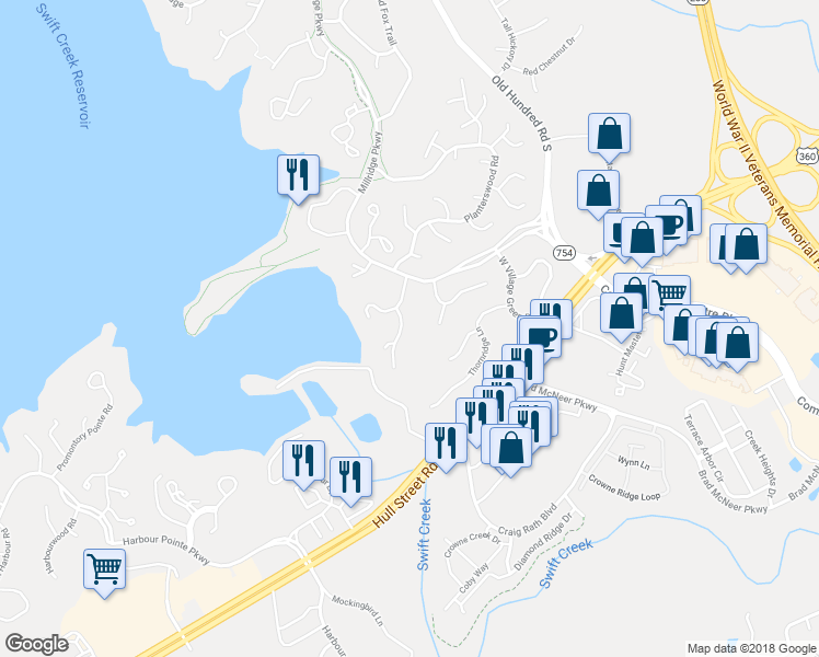 map of restaurants, bars, coffee shops, grocery stores, and more near 5007 Long Shadow Court in Midlothian