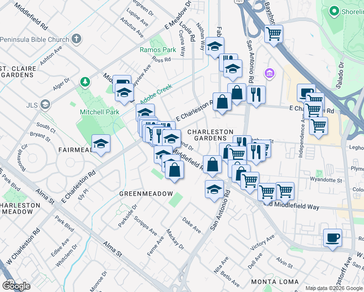 map of restaurants, bars, coffee shops, grocery stores, and more near 4012 Sutherland Drive in Palo Alto