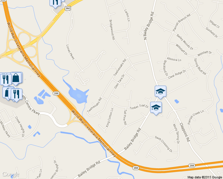 map of restaurants, bars, coffee shops, grocery stores, and more near 4824 Glen Tara Drive in Midlothian