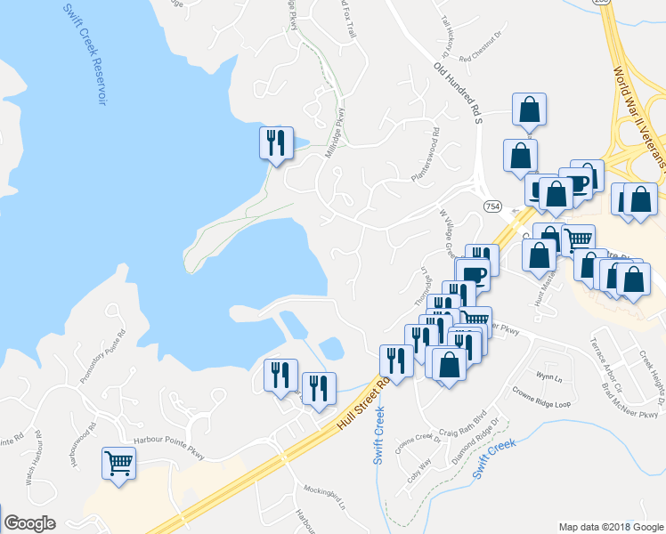 map of restaurants, bars, coffee shops, grocery stores, and more near 4940 Long Shadow Drive in Midlothian