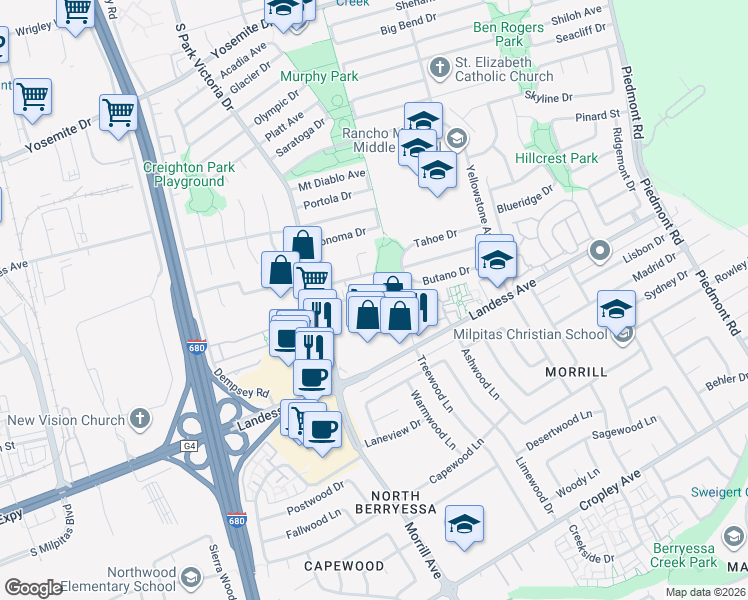 map of restaurants, bars, coffee shops, grocery stores, and more near 1578 Big Basin Drive in Milpitas