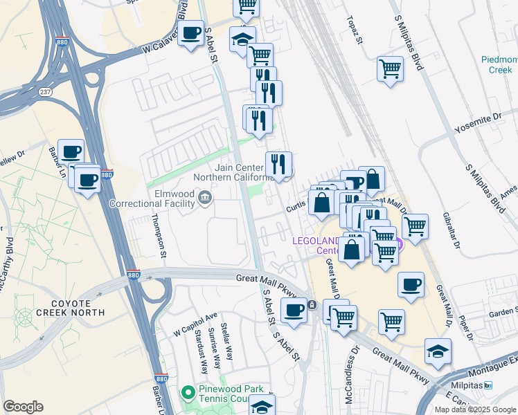 map of restaurants, bars, coffee shops, grocery stores, and more near 800 South Abel Street in Milpitas