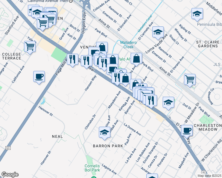 map of restaurants, bars, coffee shops, grocery stores, and more near 3400 El Camino Real in Palo Alto