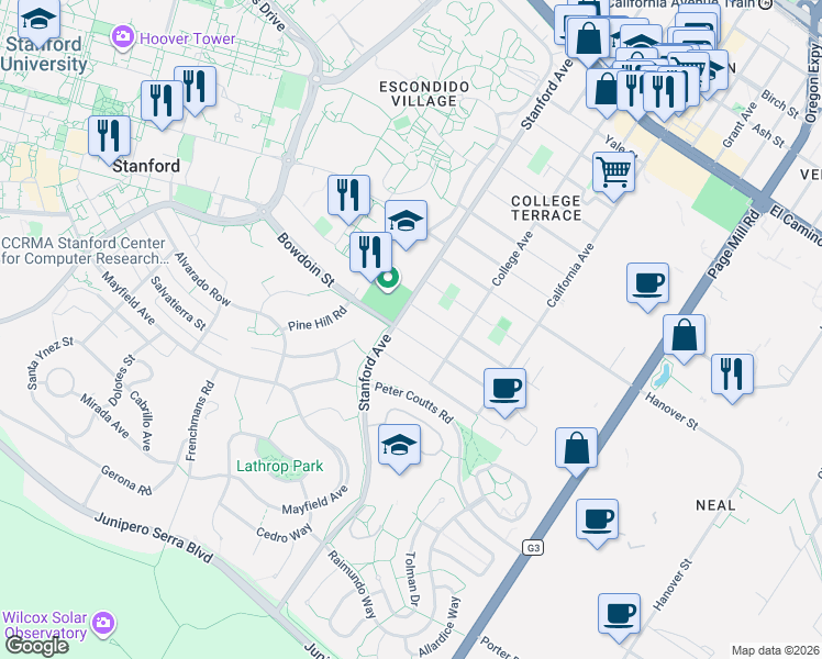map of restaurants, bars, coffee shops, grocery stores, and more near in Palo Alto