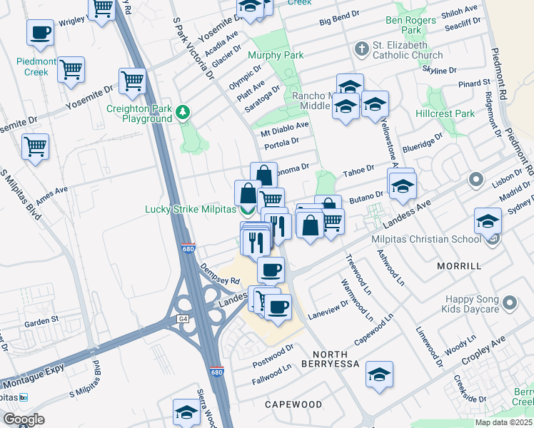 map of restaurants, bars, coffee shops, grocery stores, and more near 1285 S Park Victoria Dr in Milpitas