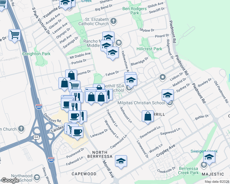 map of restaurants, bars, coffee shops, grocery stores, and more near 1362 Highland Court in Milpitas