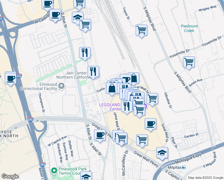 map of restaurants, bars, coffee shops, grocery stores, and more near 843 Spirit Walk in Milpitas