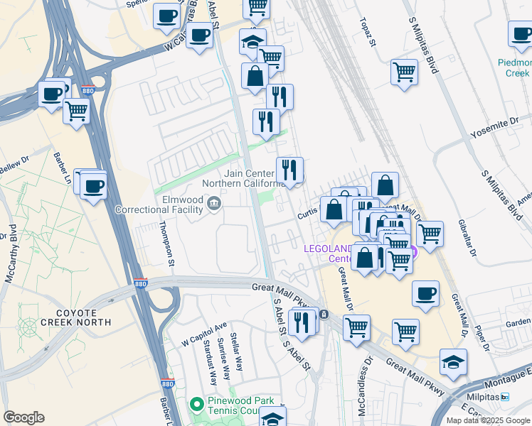 map of restaurants, bars, coffee shops, grocery stores, and more near 800 South Abel Street in Milpitas