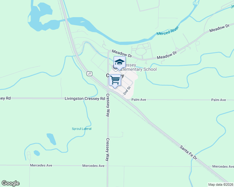 map of restaurants, bars, coffee shops, grocery stores, and more near Santa Fe Drive in Cressey