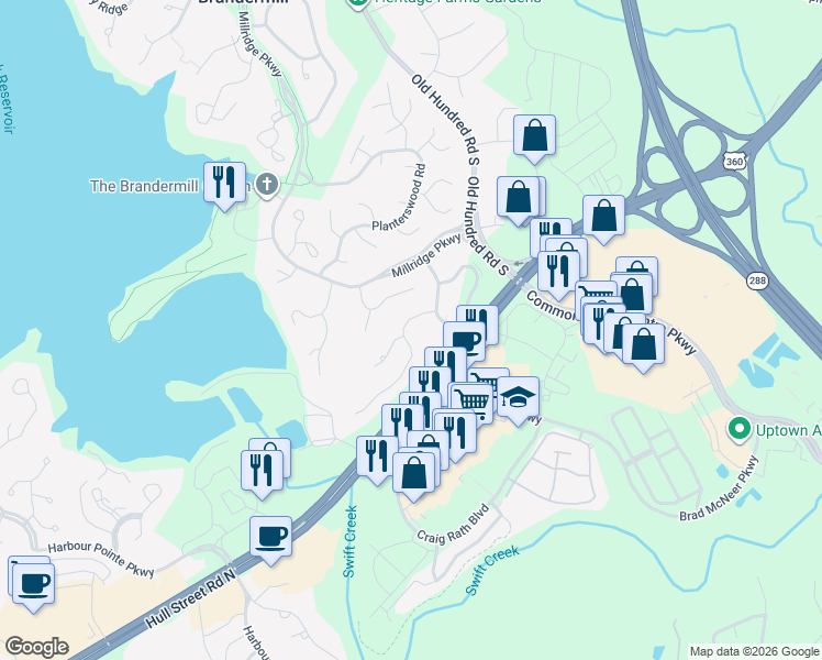 map of restaurants, bars, coffee shops, grocery stores, and more near 13211 Thornridge Lane in Midlothian