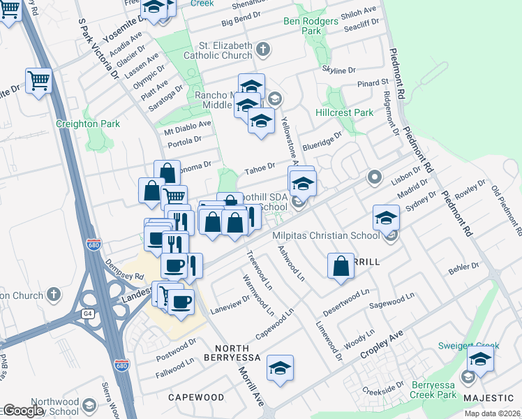 map of restaurants, bars, coffee shops, grocery stores, and more near 1362 Highland Court in Milpitas