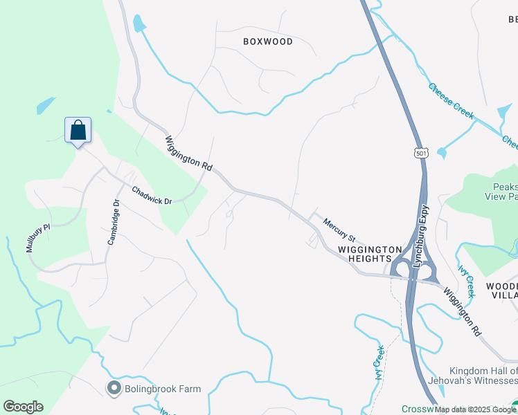 map of restaurants, bars, coffee shops, grocery stores, and more near 1111 Wiggington Road in Lynchburg