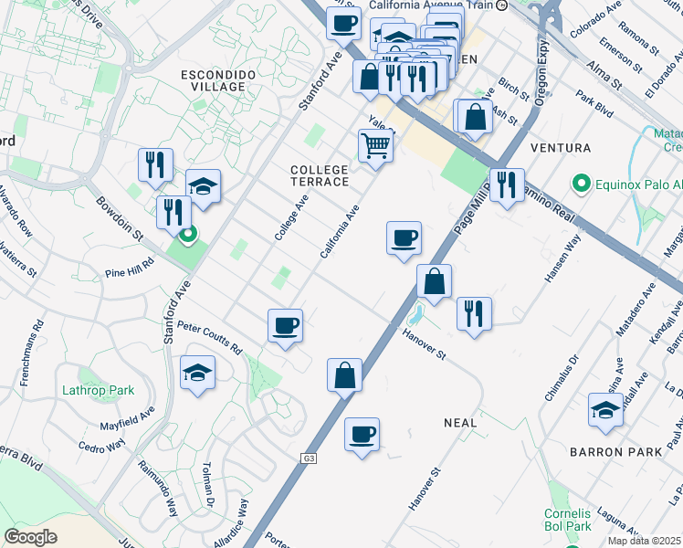 map of restaurants, bars, coffee shops, grocery stores, and more near 2475 Hanover St in Palo Alto