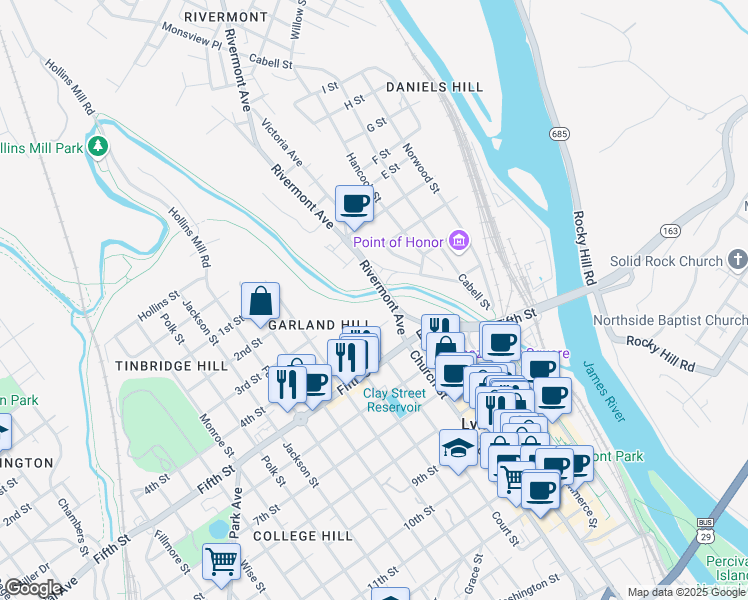 map of restaurants, bars, coffee shops, grocery stores, and more near James River Heritage Trail in Lynchburg