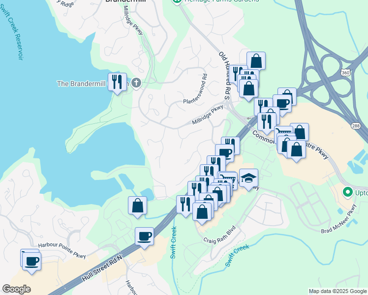 map of restaurants, bars, coffee shops, grocery stores, and more near 4903 Court Ridge Terrace in Midlothian