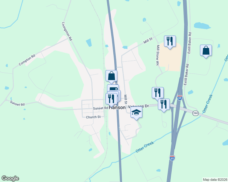 map of restaurants, bars, coffee shops, grocery stores, and more near 7330-7410 Hanson Rd in Hanson