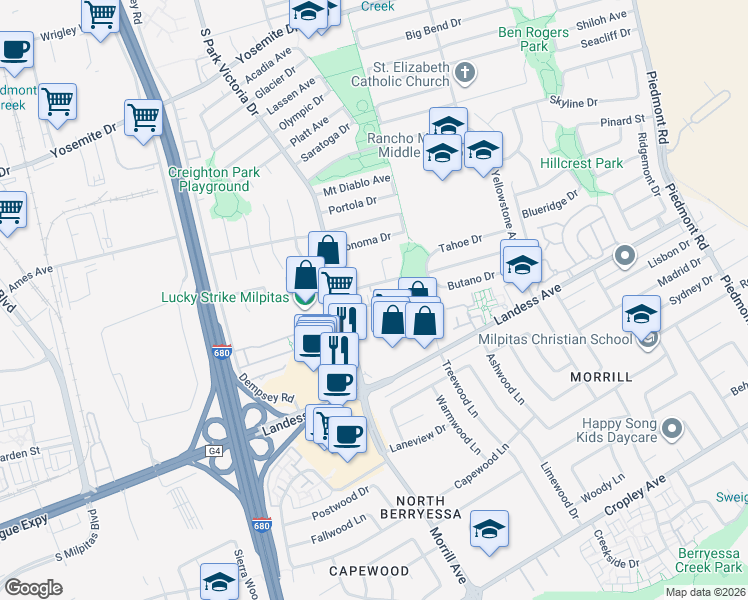 map of restaurants, bars, coffee shops, grocery stores, and more near 1441 Big Basin Drive in Milpitas
