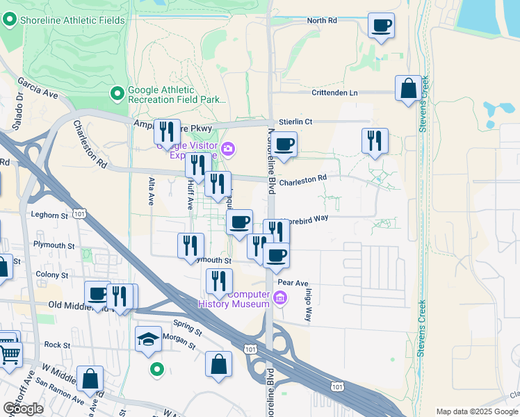 map of restaurants, bars, coffee shops, grocery stores, and more near 1806 North Shoreline Boulevard in Mountain View