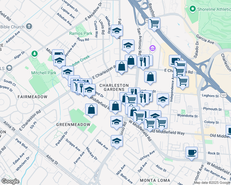 map of restaurants, bars, coffee shops, grocery stores, and more near 732 Montrose Avenue in Palo Alto